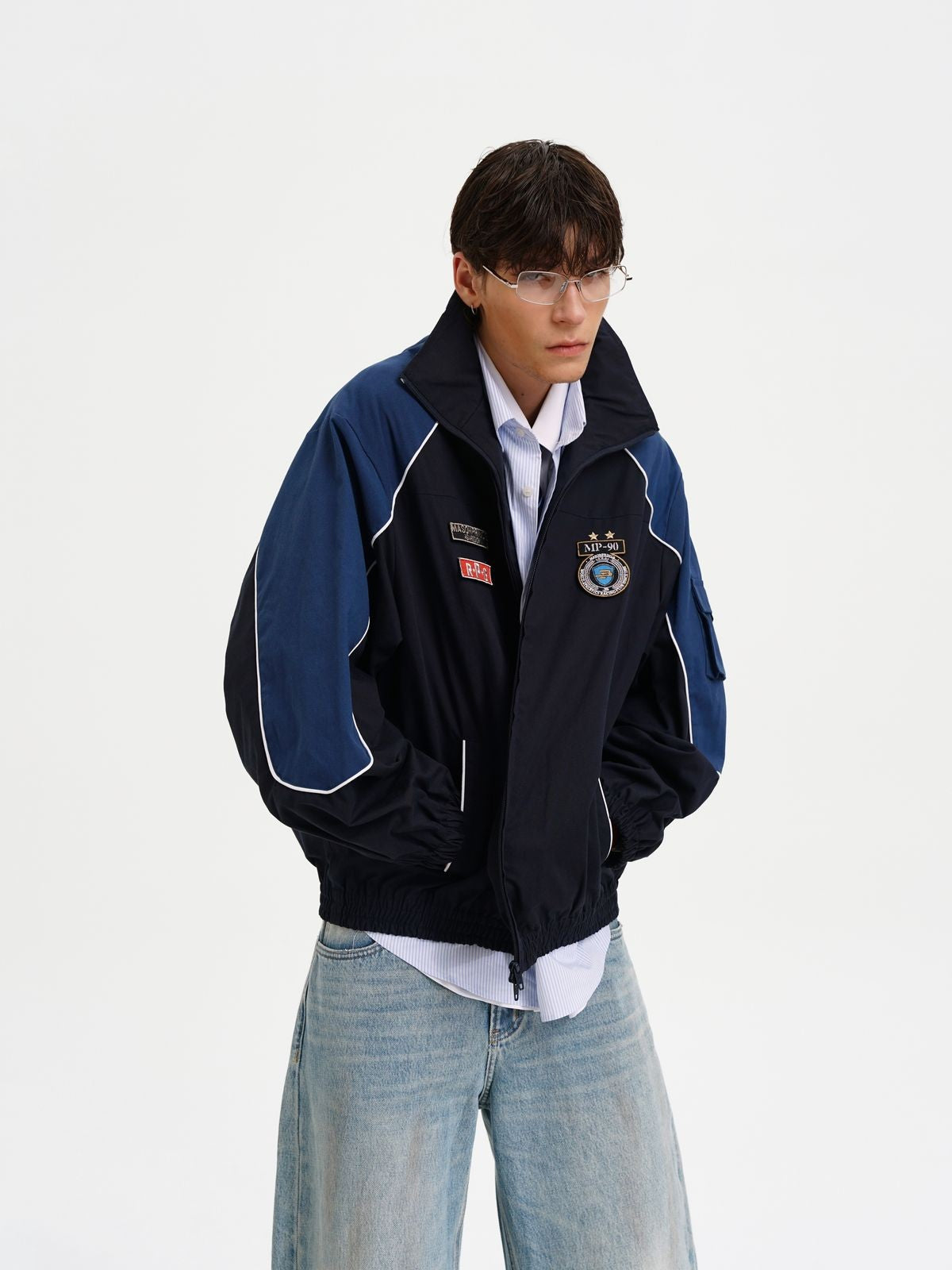 MASONPRINCE Color Blocked Badge Track Jacket in Blue - On Model #color_blue