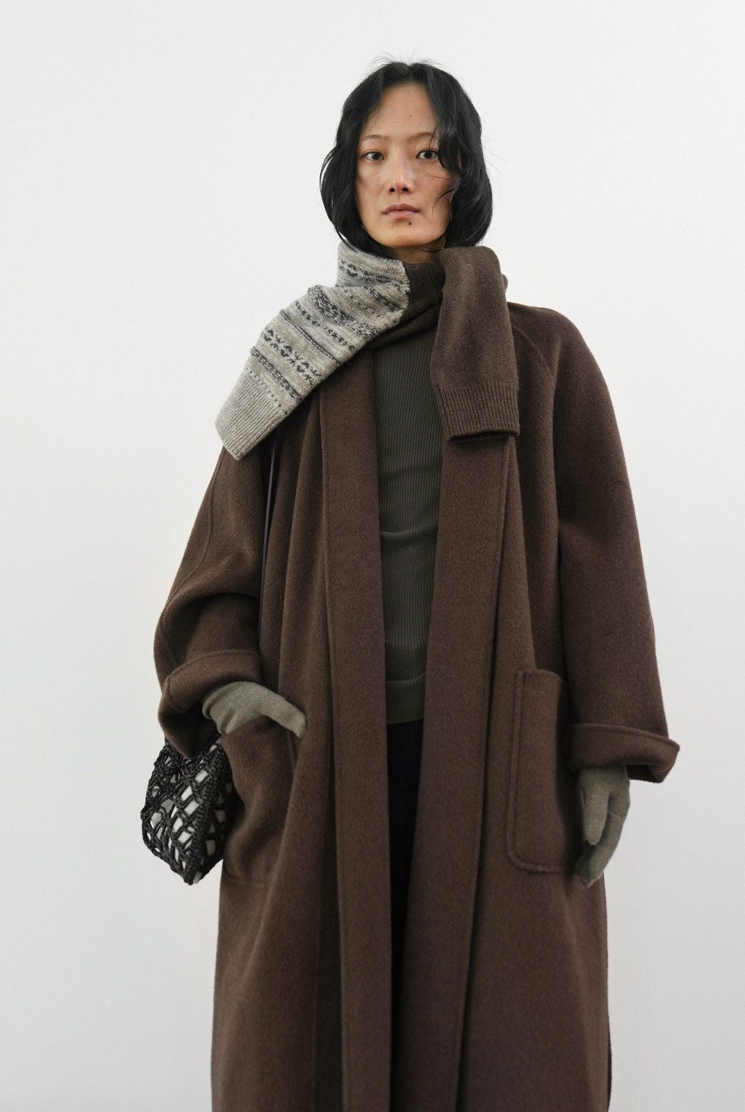 RandomPiece Merino Wool Camel Hair Robe Coat in Dark Brown - On Model