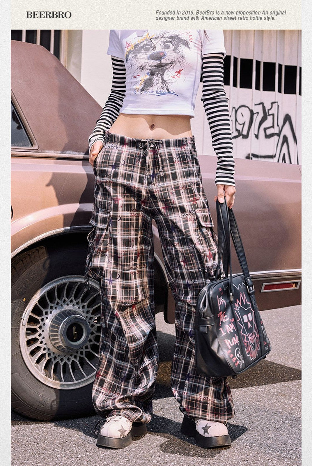 BeerBro Graffiti Plaid Strap Cargo Pants in Sky Blue