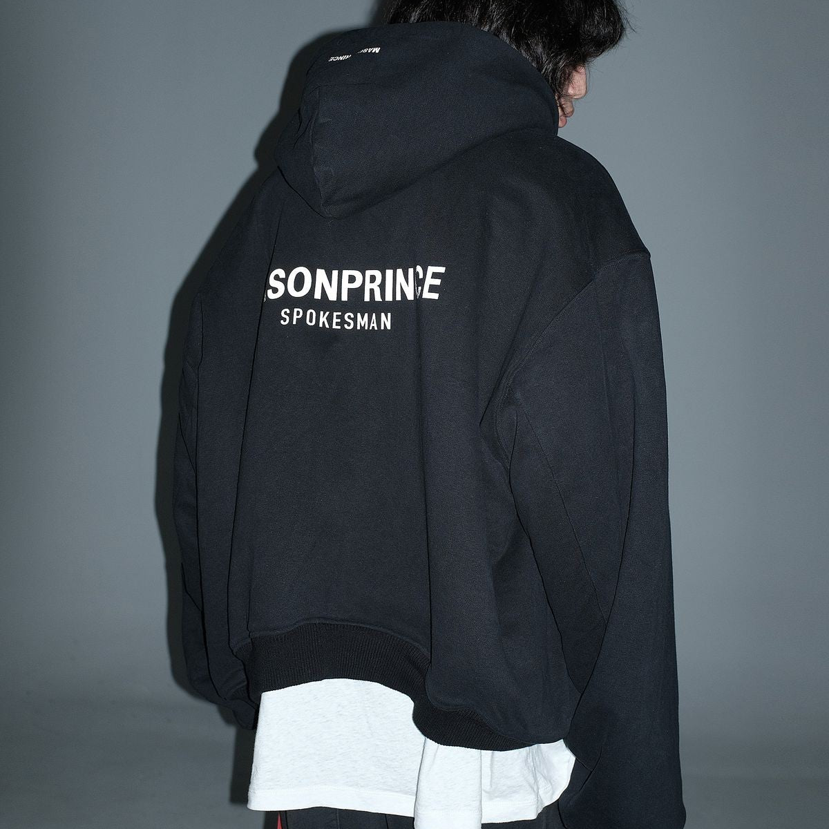 MASONPRINCE Sherpa Lined Cotton Zip Jacket in Black - On Model #color_black