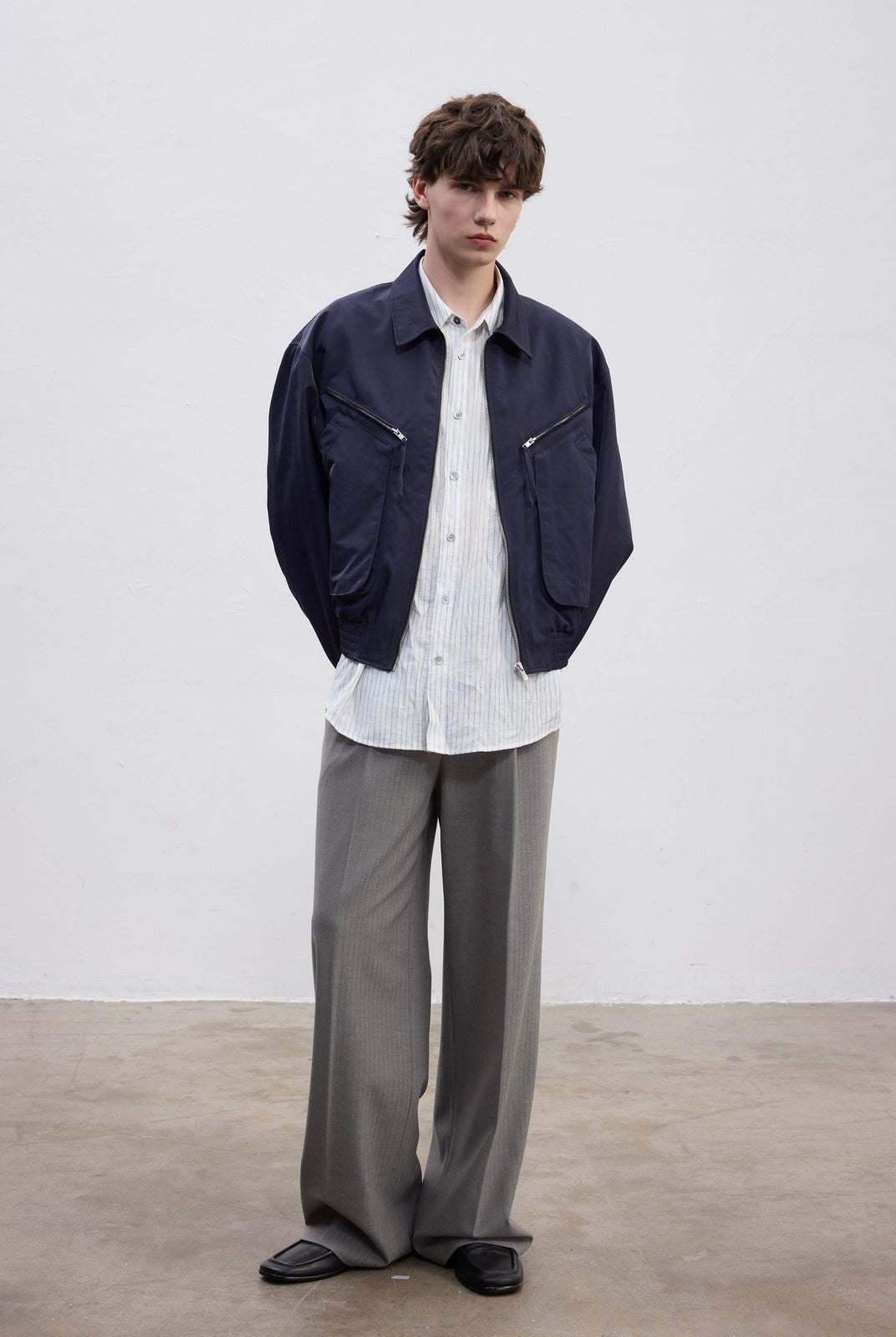 AFterTaste Gray Pinstripe Pleated Straight Leg Trousers in Gray - On Model