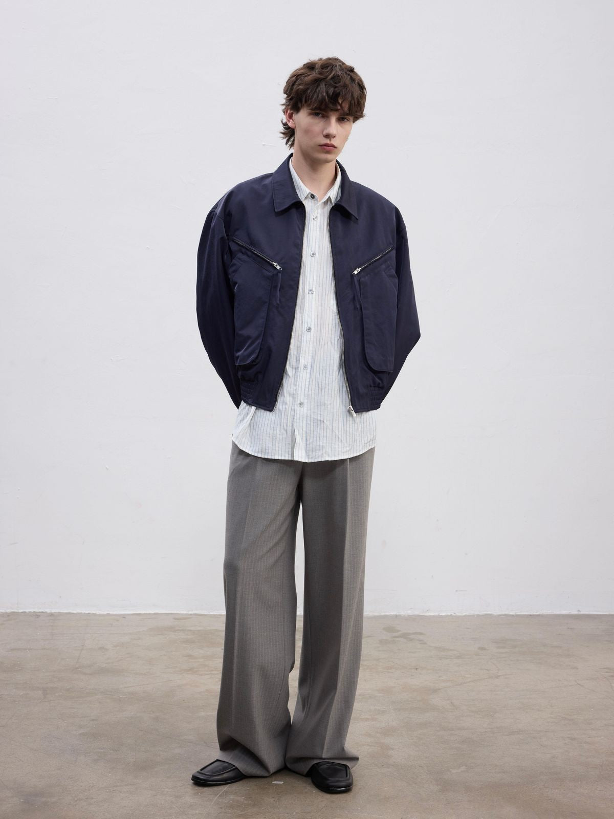 AFterTaste Gray Pinstripe Pleated Straight Leg Trousers in Gray - On Model