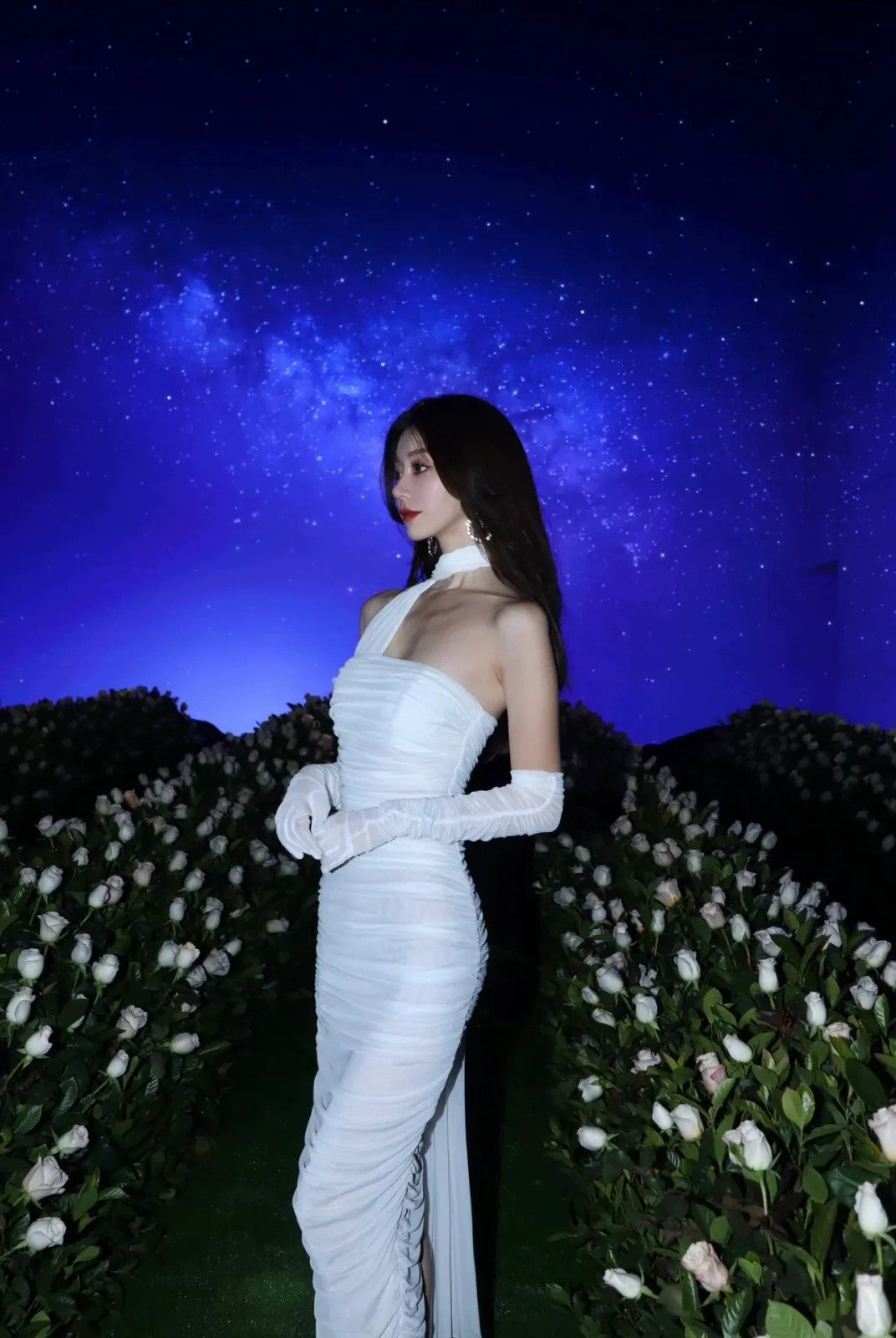 1S STUDIO Ruched Mesh Strapless Dress Set in White - On Model