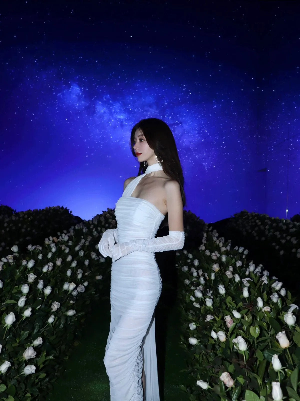 1S STUDIO Ruched Mesh Strapless Dress Set in White - On Model