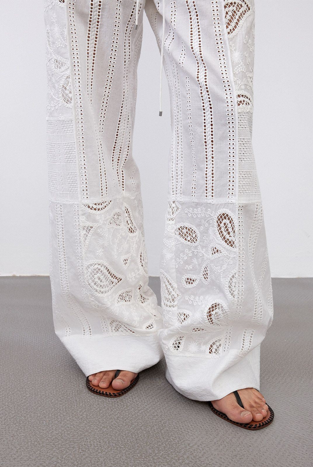 RandomPiece Hollow Out Embroidered Pants in White - On Model