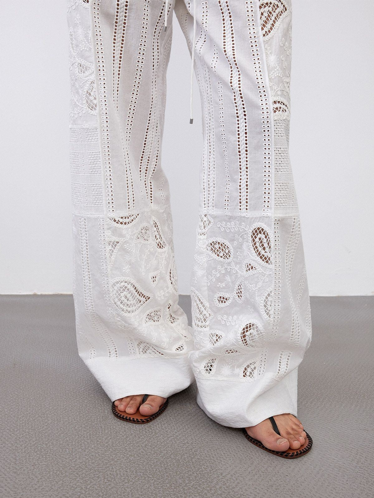 RandomPiece Hollow Out Embroidered Pants in White - On Model