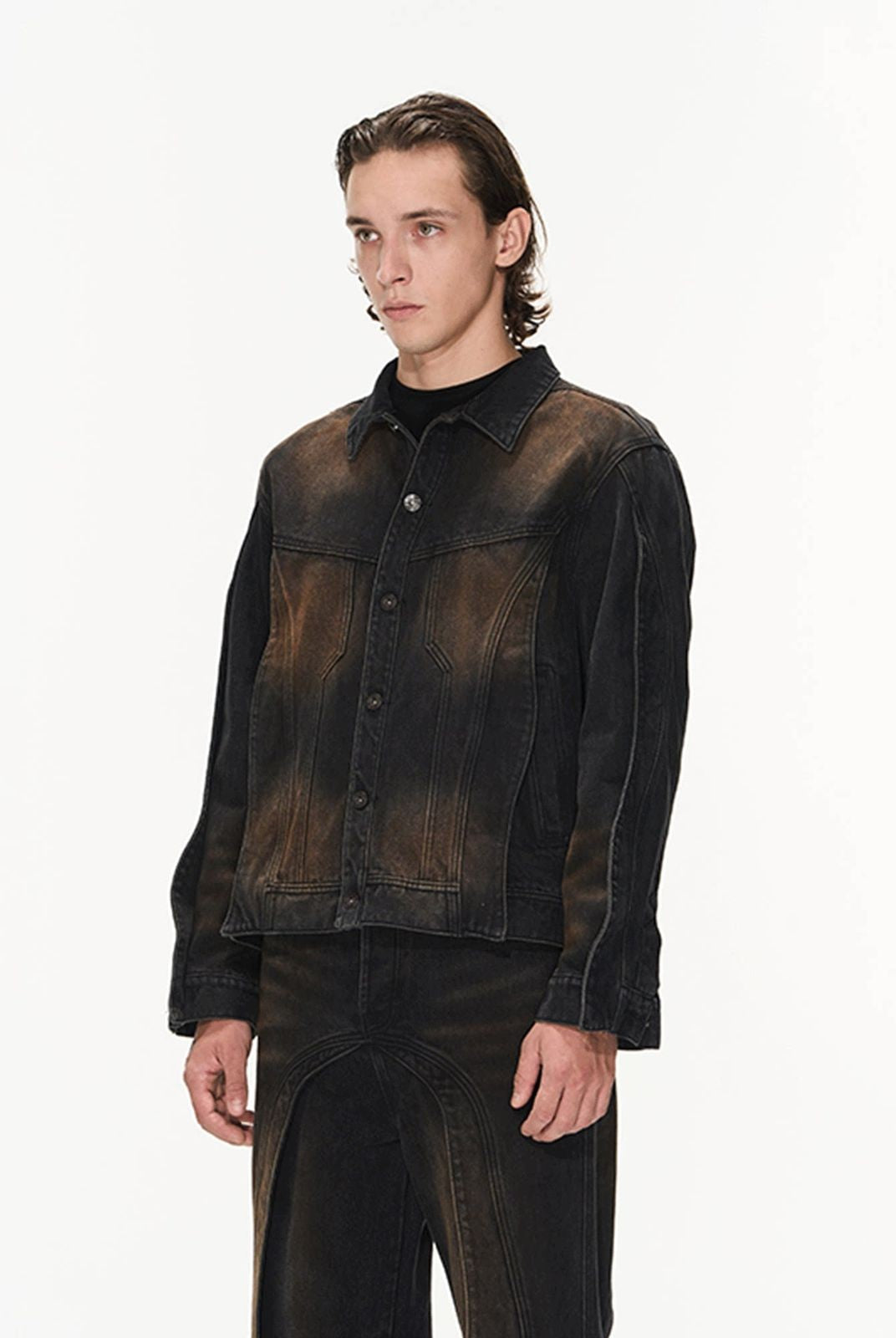 BLINDNOPLAN Mud Wash Structural Denim Jacket in Gray - On Model