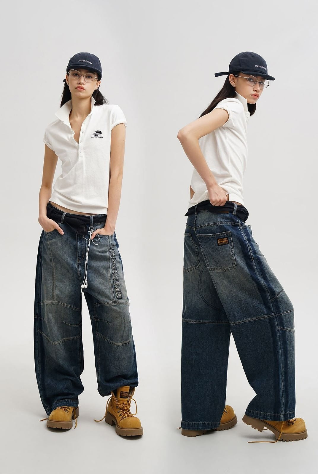 MasonPrince Panelled Workwear Denim Shorts in Blue - On Model