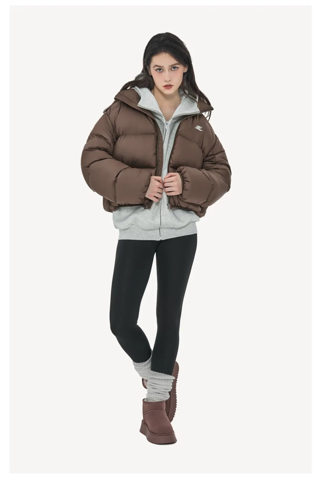 LOSTCTRL Cropped Down Puffer Jacket in Brown - On Model
