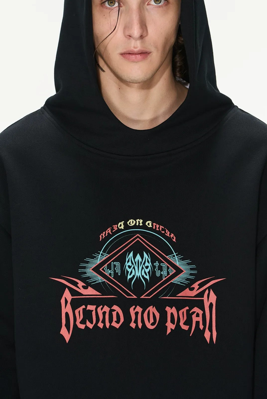 BLINDNOPLAN Faux Two Piece Graphic Hoodie in Black - On Model