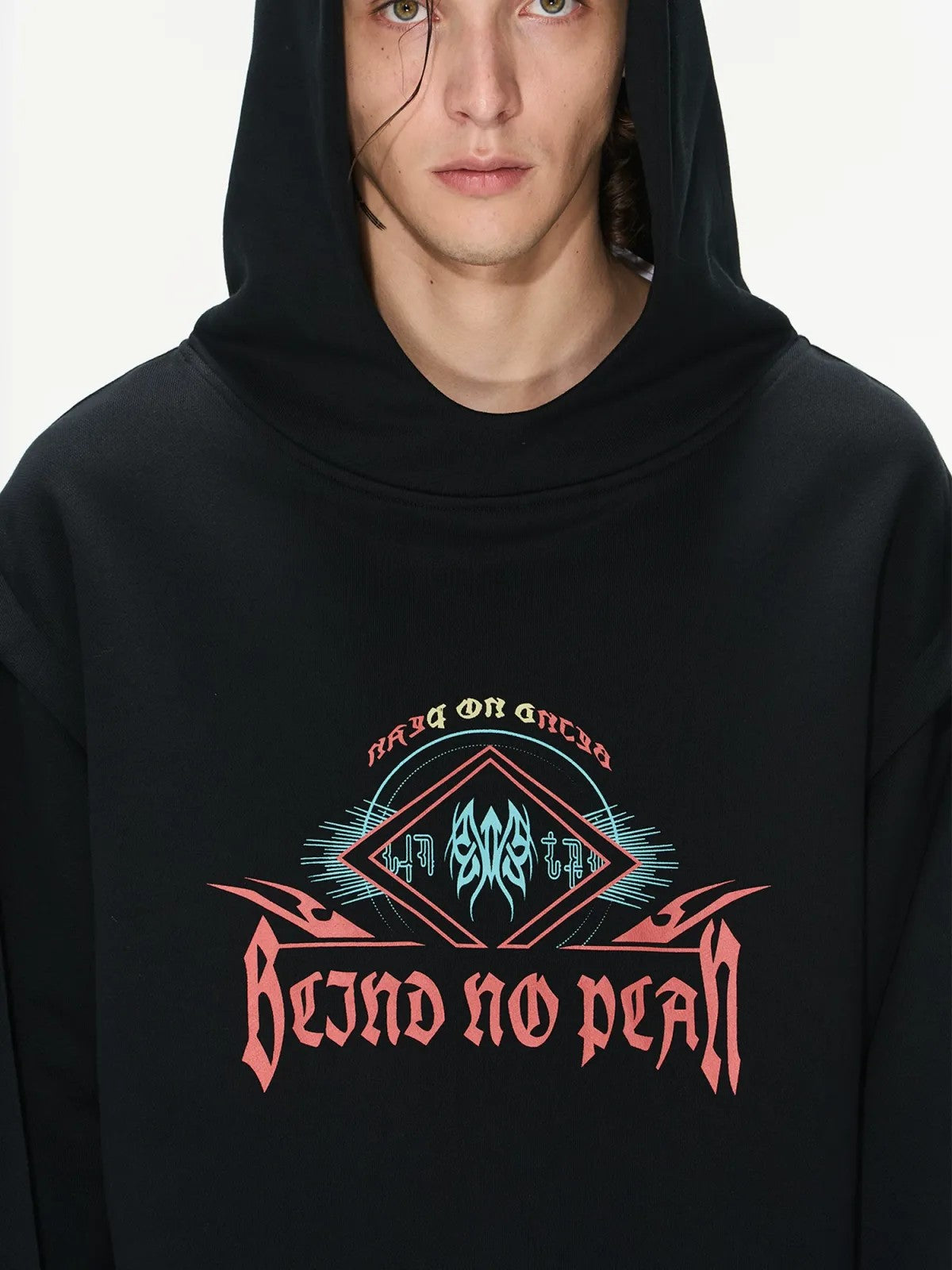 BLINDNOPLAN Faux Two Piece Graphic Hoodie in Black - On Model