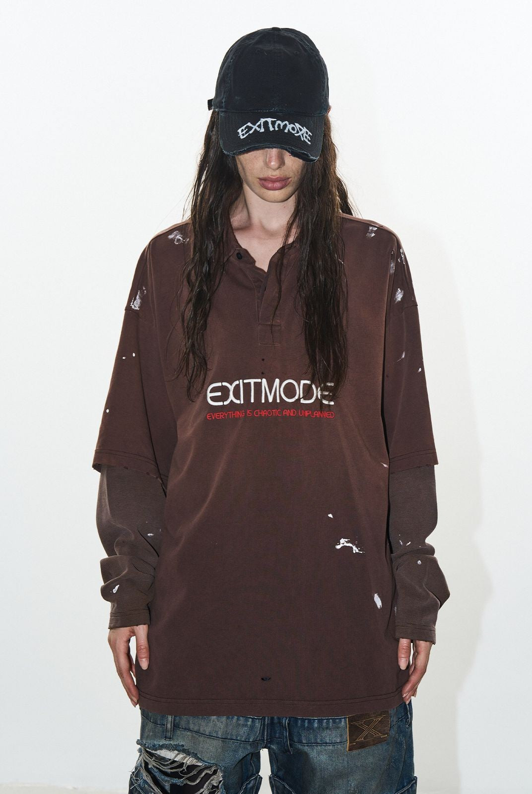 BLINDNOPLAN Distressed Ink Splatter Layered Polo in Coffee - On Model