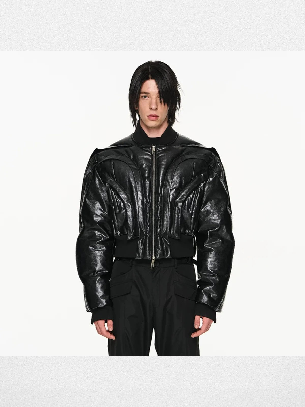 BLINDNOPLAN Cropped Layered MA 1 Bomber Jacket in Black - On Model