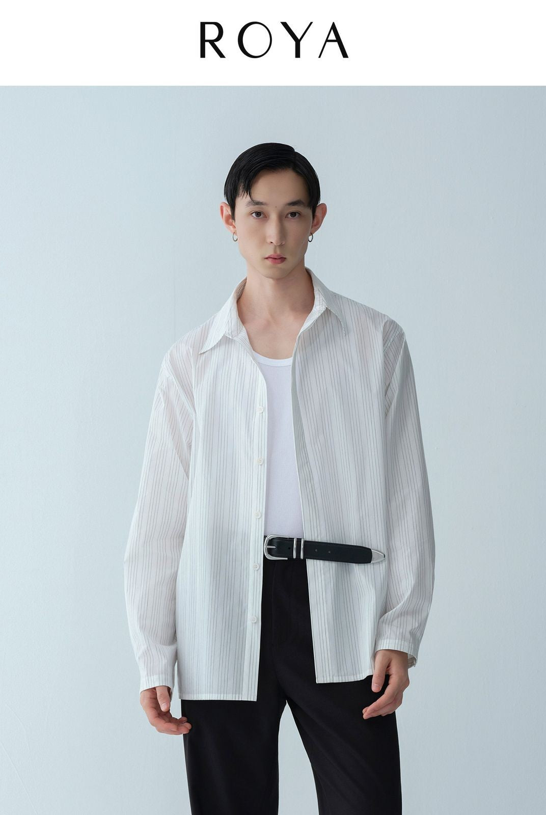 ROYA Hidden Placket Pinstripe Shirt in Black - On Model