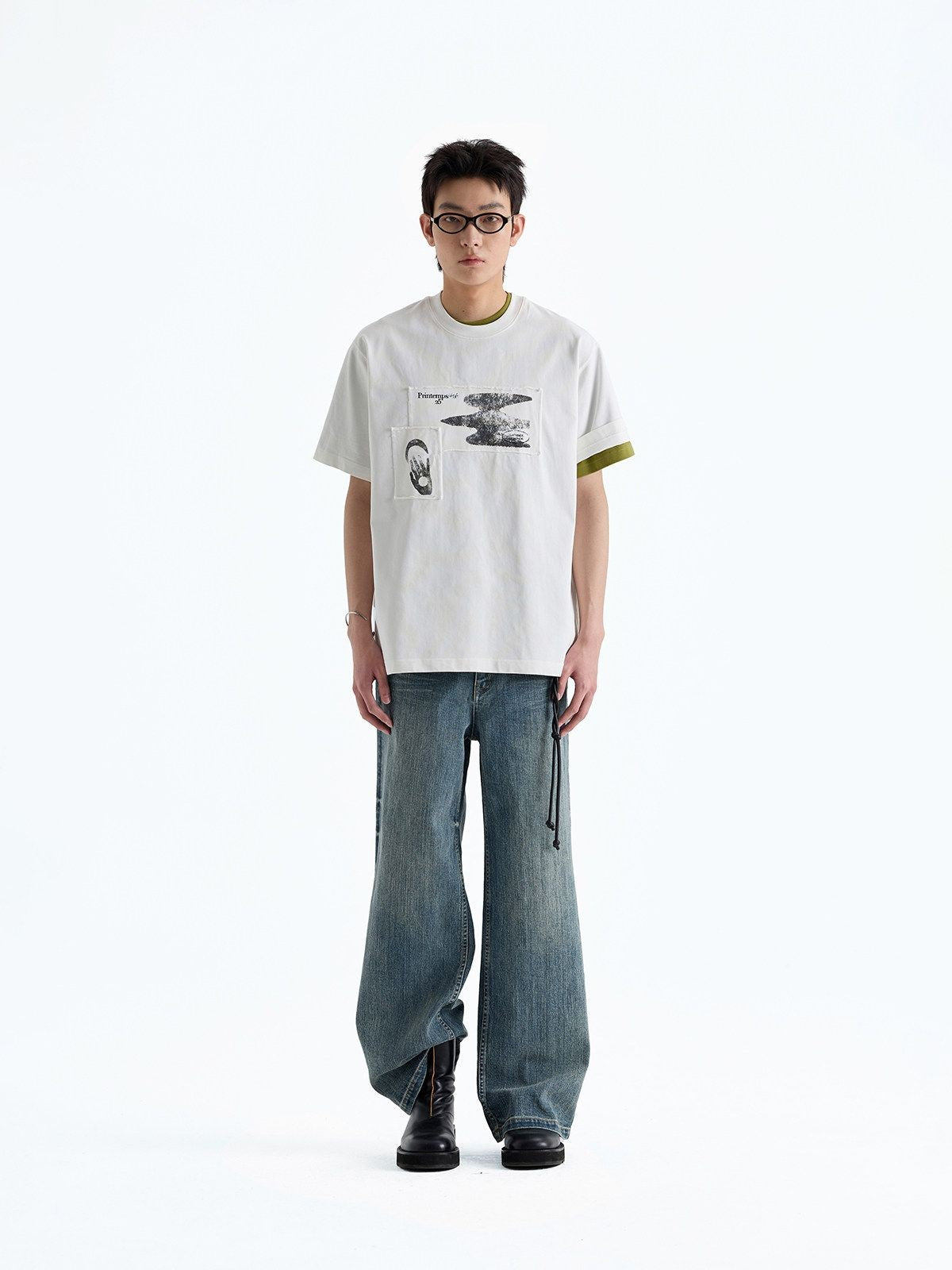 NANS Raw Edge Appliqu Cotton T Shirt in White - On Model