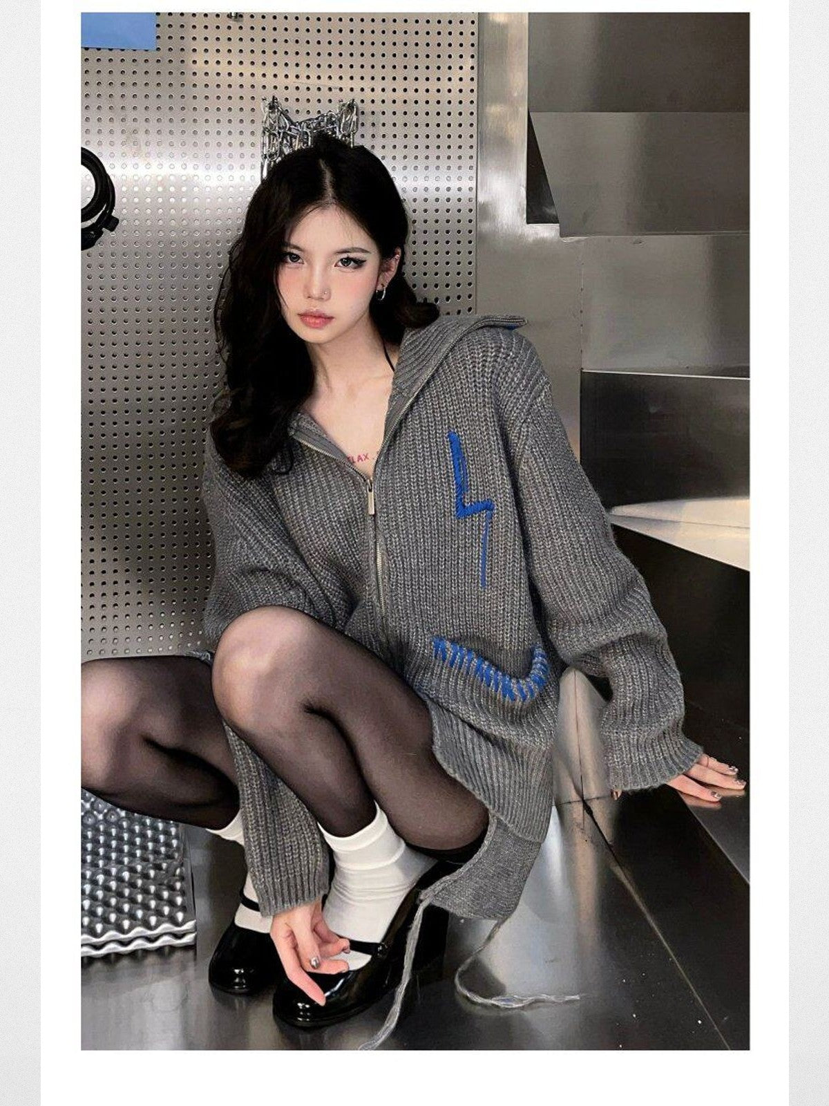 LOSTCTRL Double Zip Embroidered Cardigan in Gray - On Model