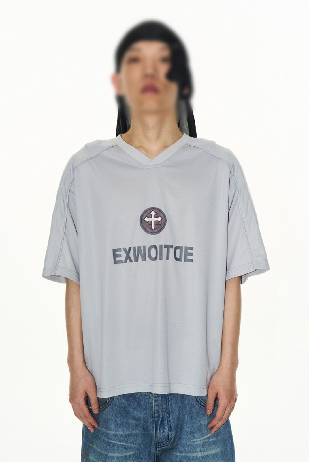 BLINDNOPLAN Puff Print Graphic T Shirt in Light Gray - On Male Model