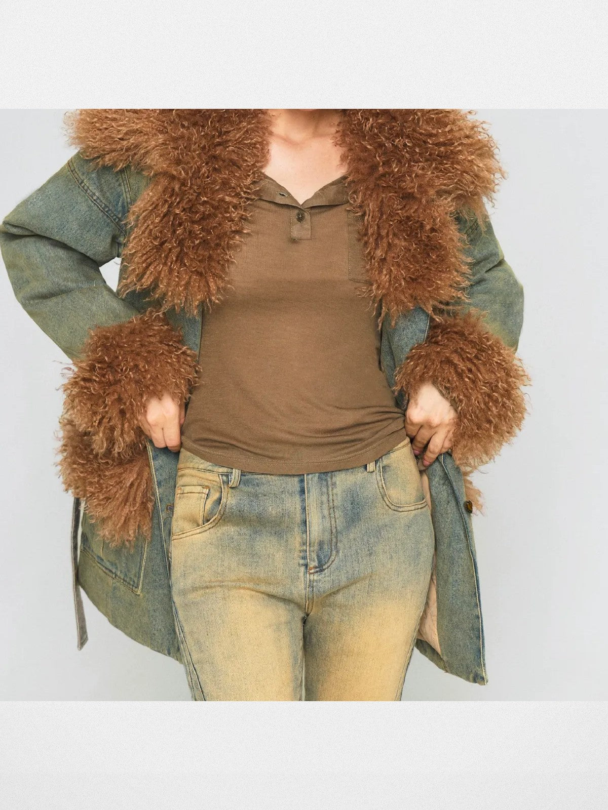 Amee Belted Distressed Denim Faux Fur Coat in Green - On Model