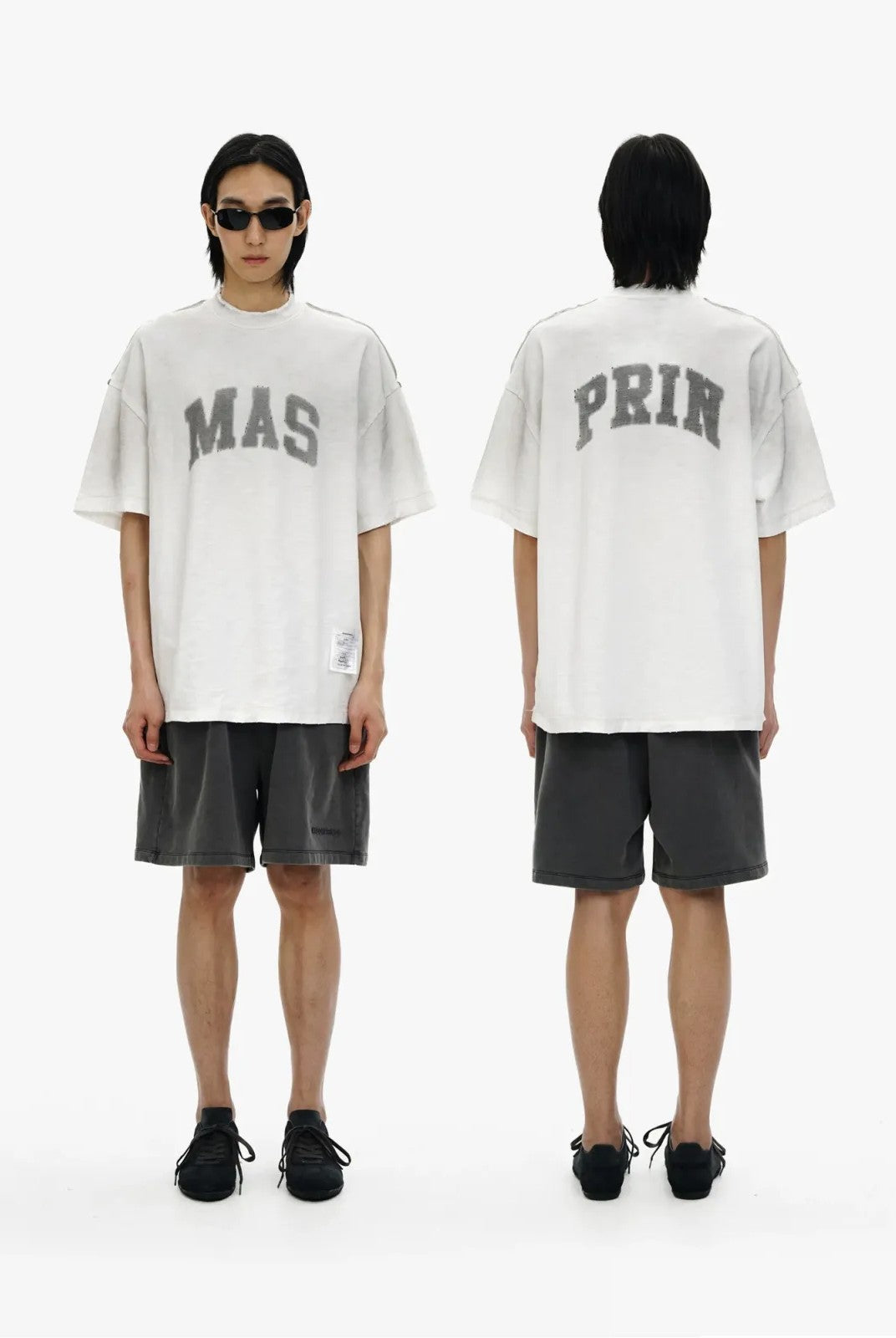 MASONPRINCE Distressed Graphic Cotton T Shirt in White - On Model