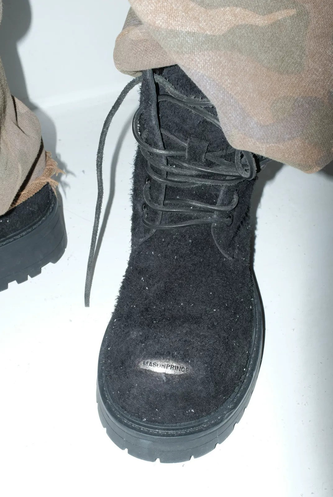 MASONPRINCE Washed Suede Platform Boots in Black - On Model