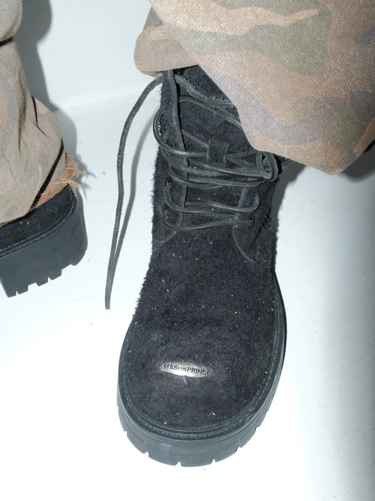 MASONPRINCE Washed Suede Platform Boots in Black - On Model