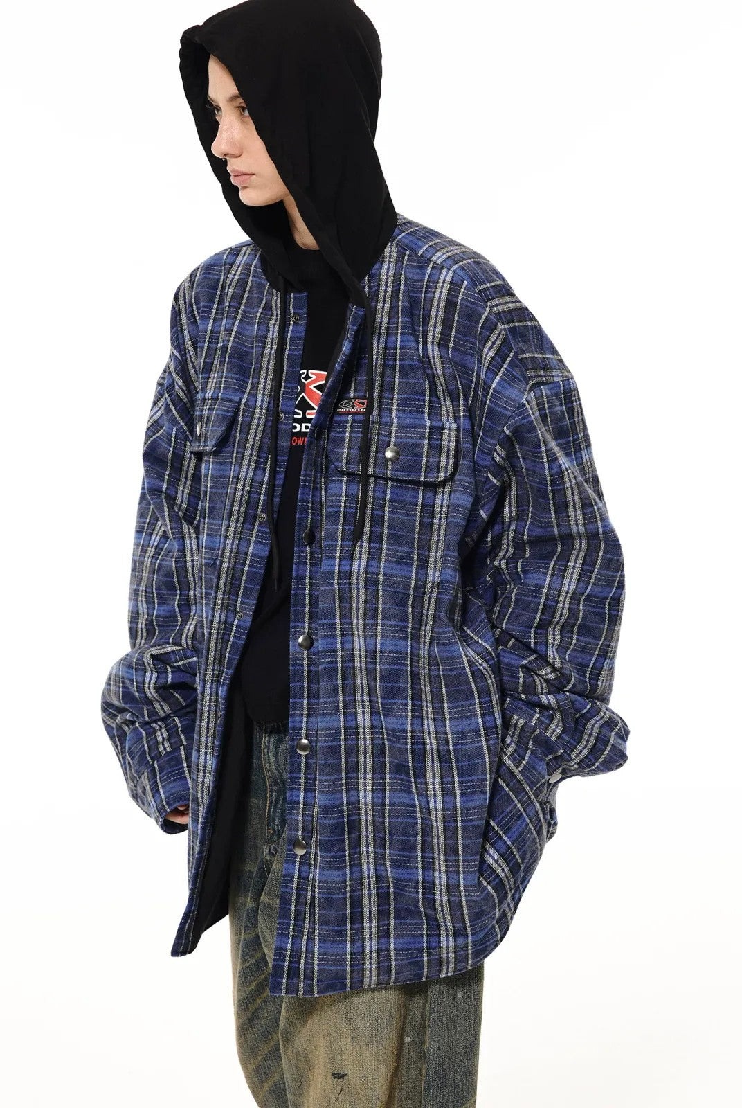 UNKNOWNWORLD Oversized Padded Hooded Shirt Jacket in Blue - On Model