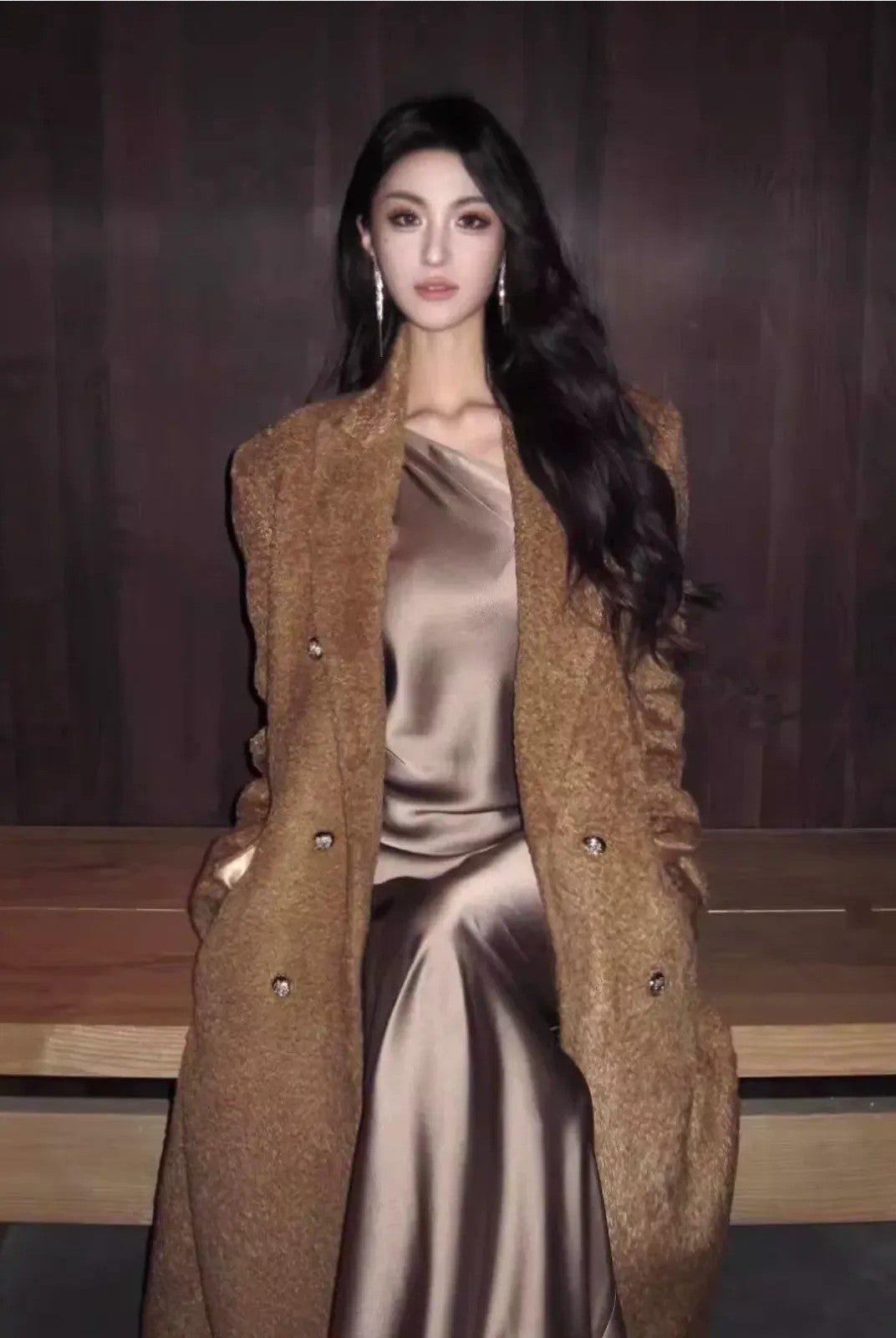 1S STUDIO One Shoulder Acetate Satin Dress in Gray - On Model