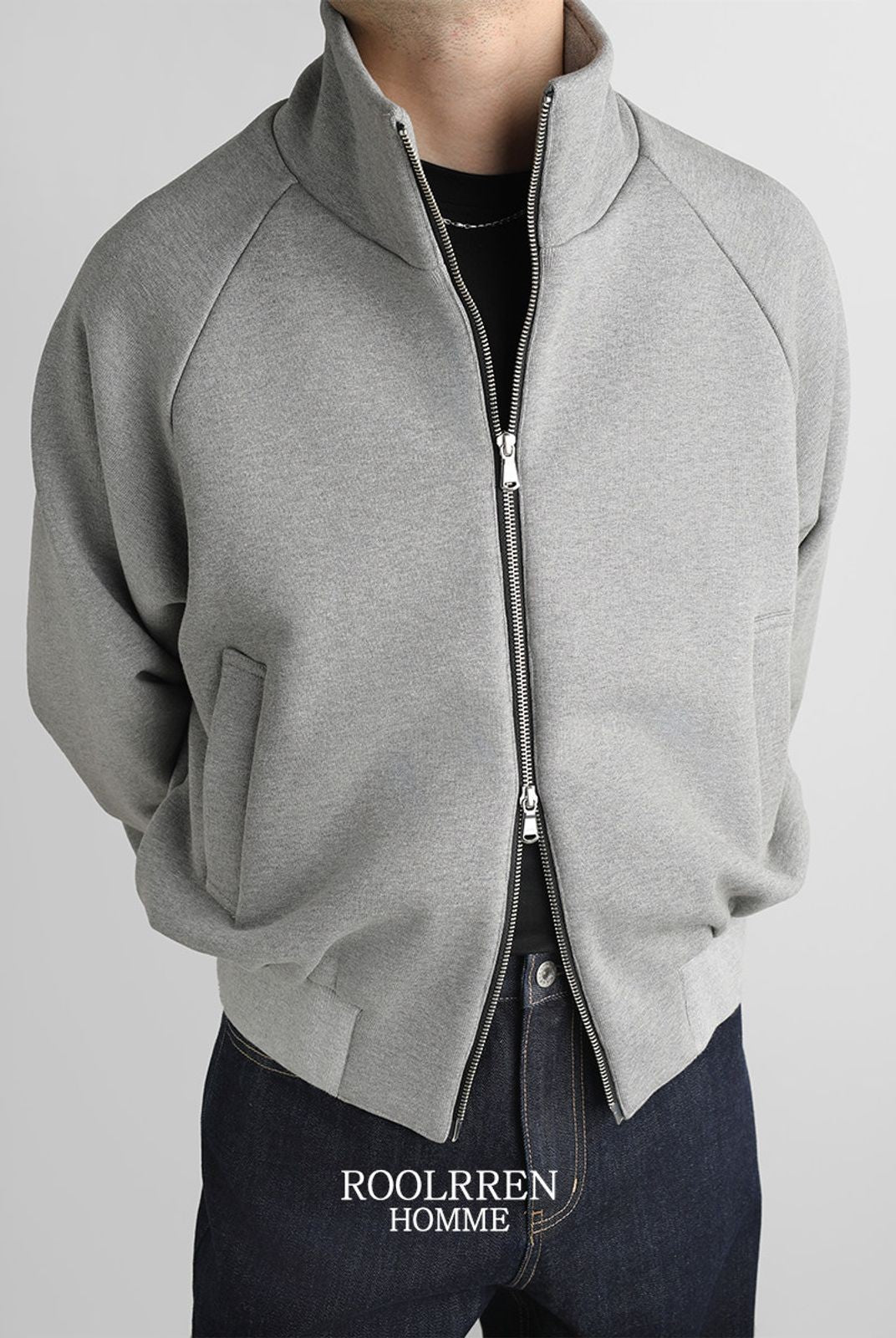 Roolrren Homme Heavyweight Cotton Stand Collar Jacket in Gray - On Model