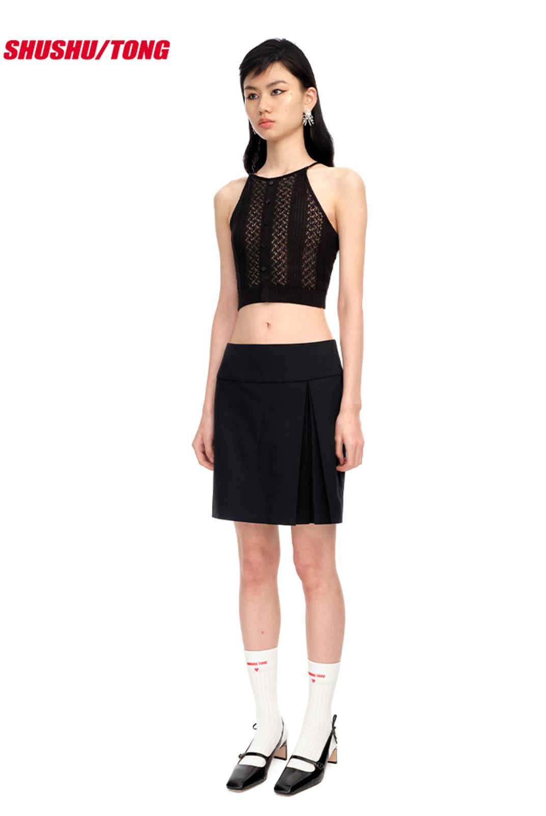SHUSHUTONG Lamb Wool Side Slit Mini Skirt in Black - On Model