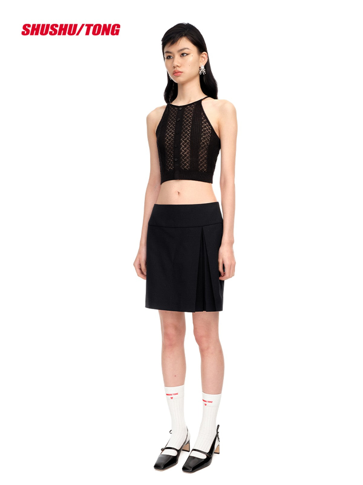 SHUSHUTONG Lamb Wool Side Slit Mini Skirt in Black - On Model