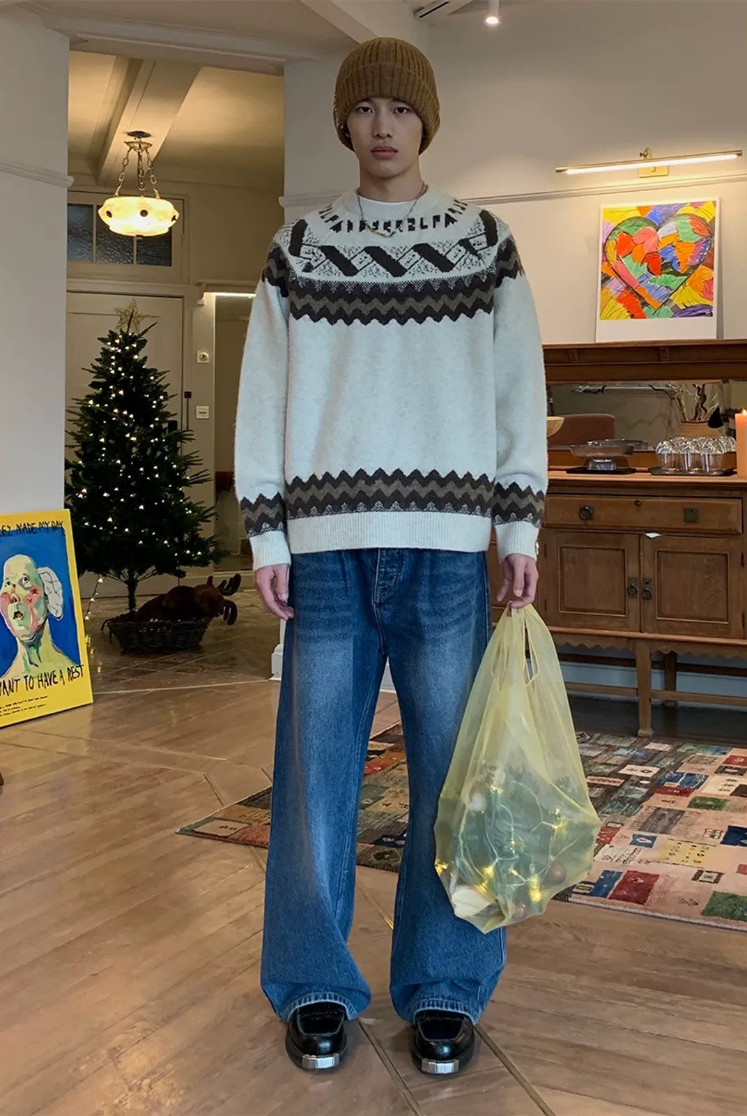 NeverSeez Fair Isle Jacquard Sweater in White - On Model