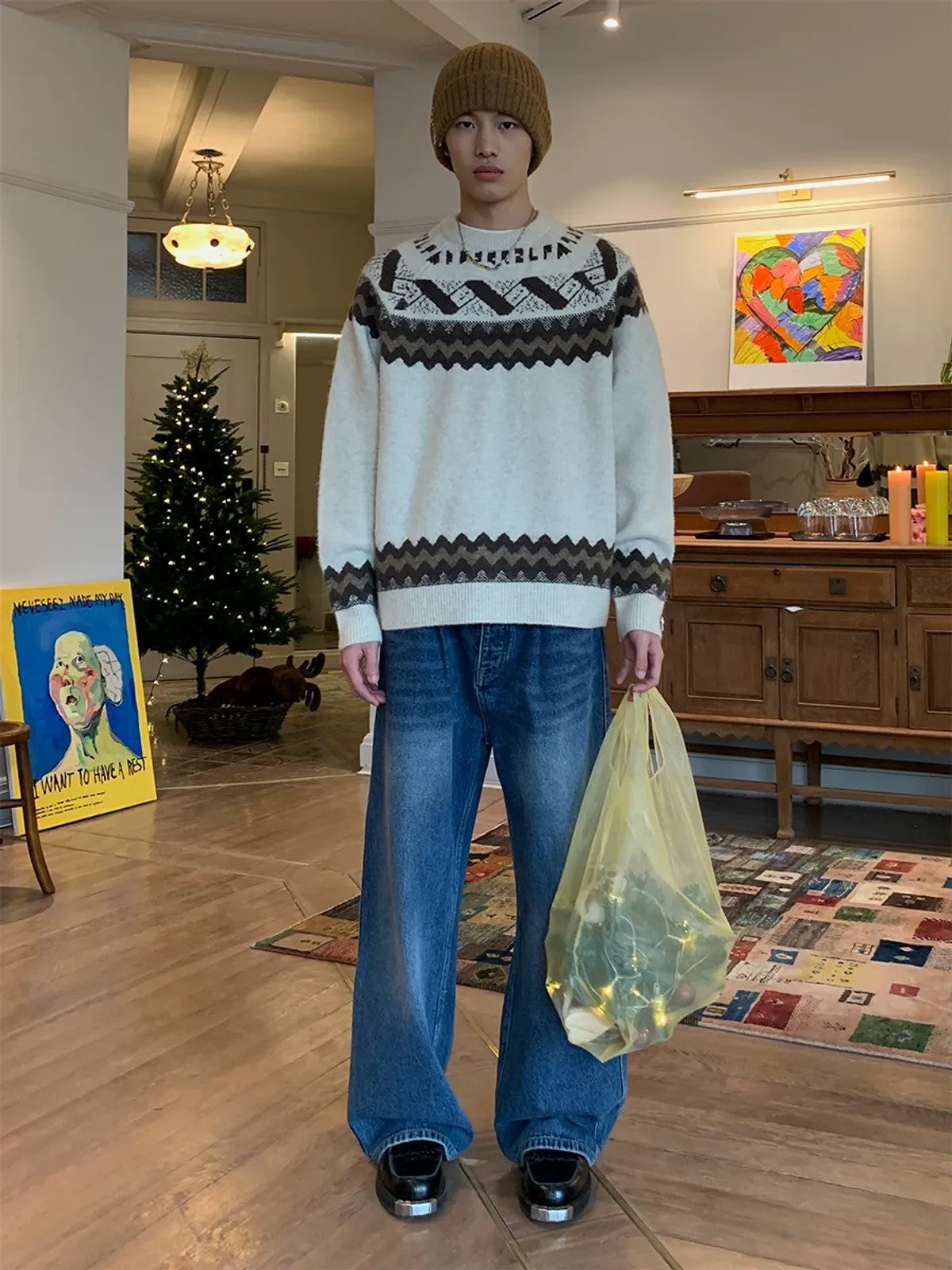 NeverSeez Fair Isle Jacquard Sweater in White - On Model