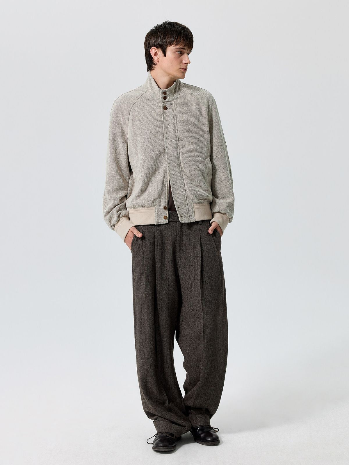 Simple Project Cotton Linen Harrington Jacket in Beige - On Model