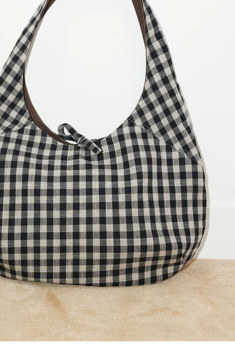 PUKI Reversible Faux Suede Plaid Hobo in Brown