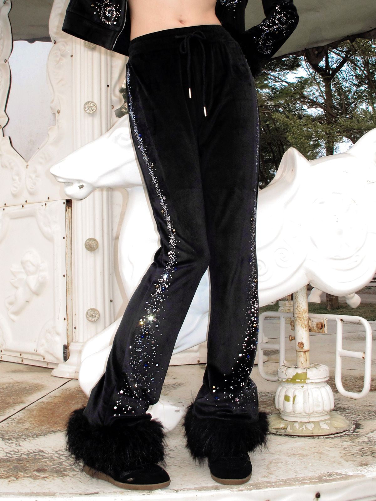 CFIERCE Rhinestone Velvet Flared Pants in Black - On Model