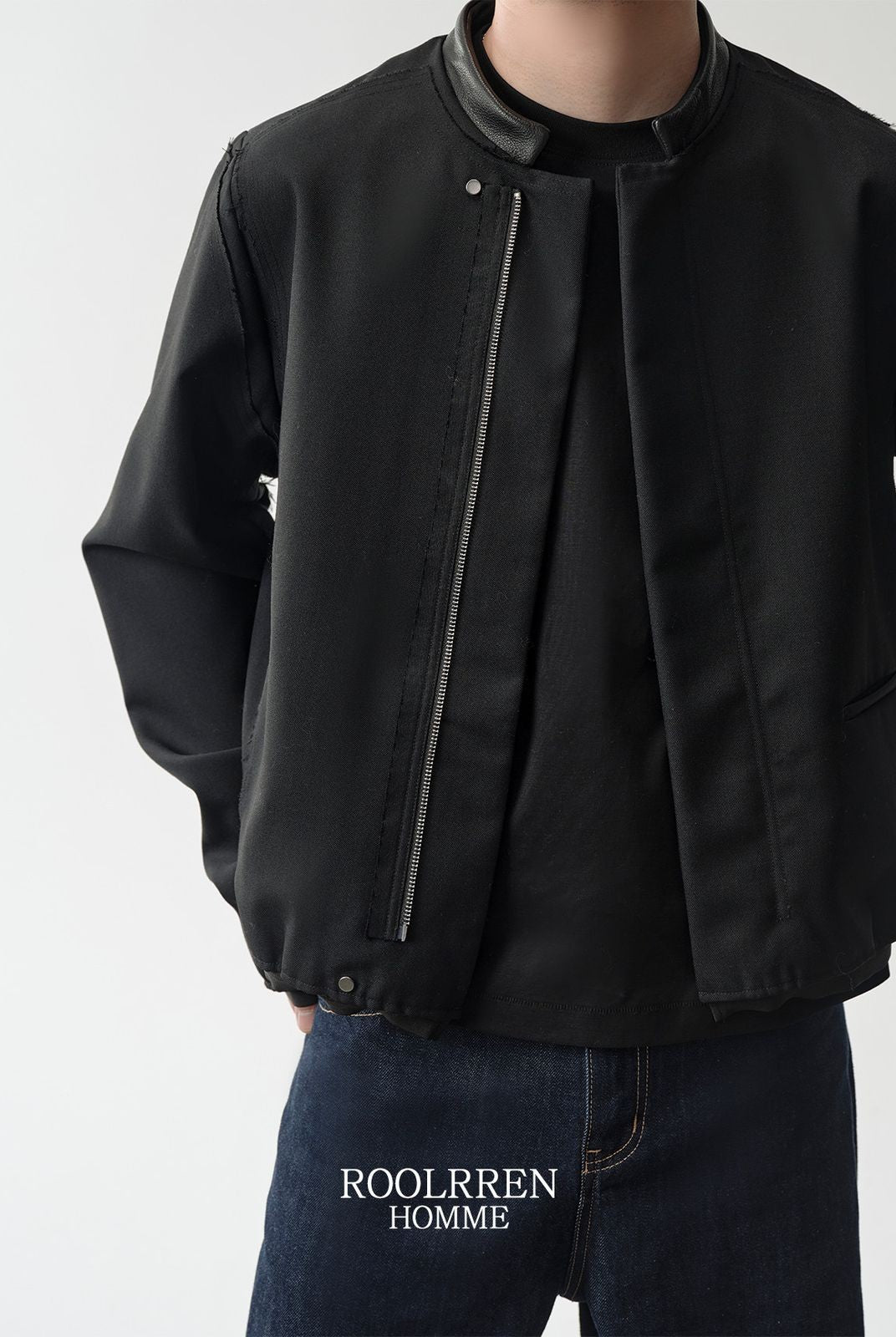 Roolrren Homme Leather Collar Wool Blend Jacket in Black - On Model