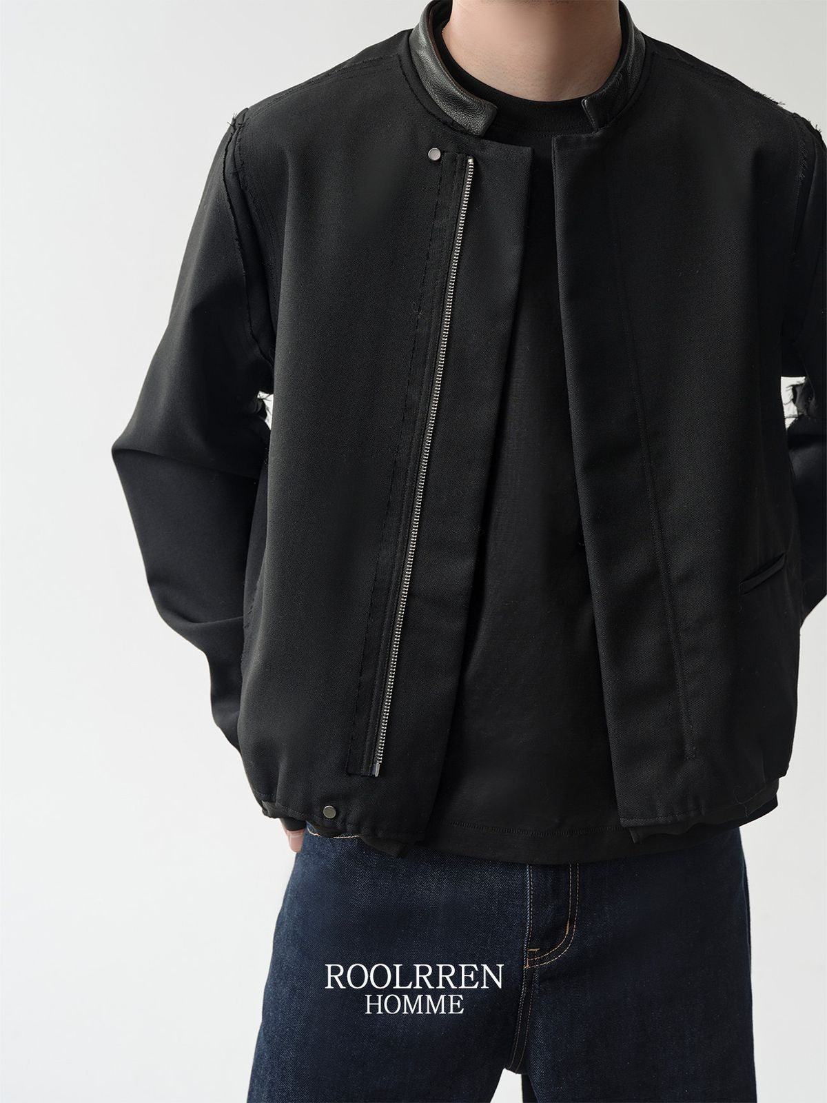 Roolrren Homme Leather Collar Wool Blend Jacket in Black - On Model