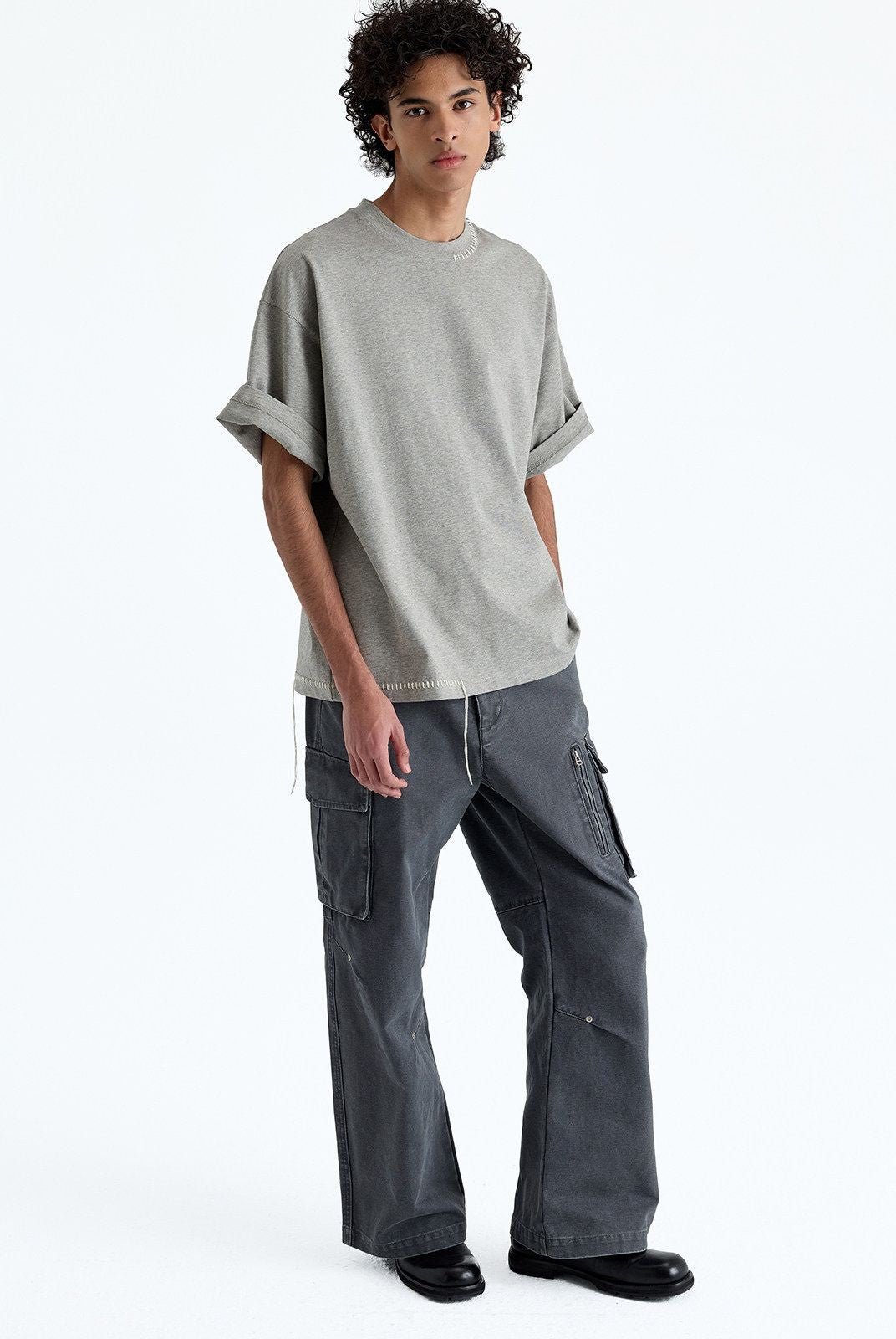 NANS Hand Stitched Fringe Oversized Tee in Gray - On Model