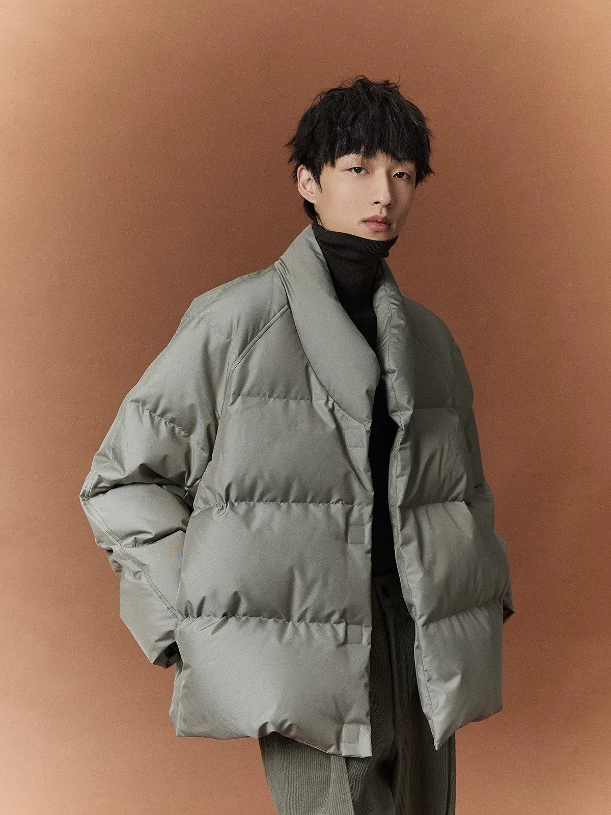 NANS Kimono Collar Down Puffer in Mint - On Model