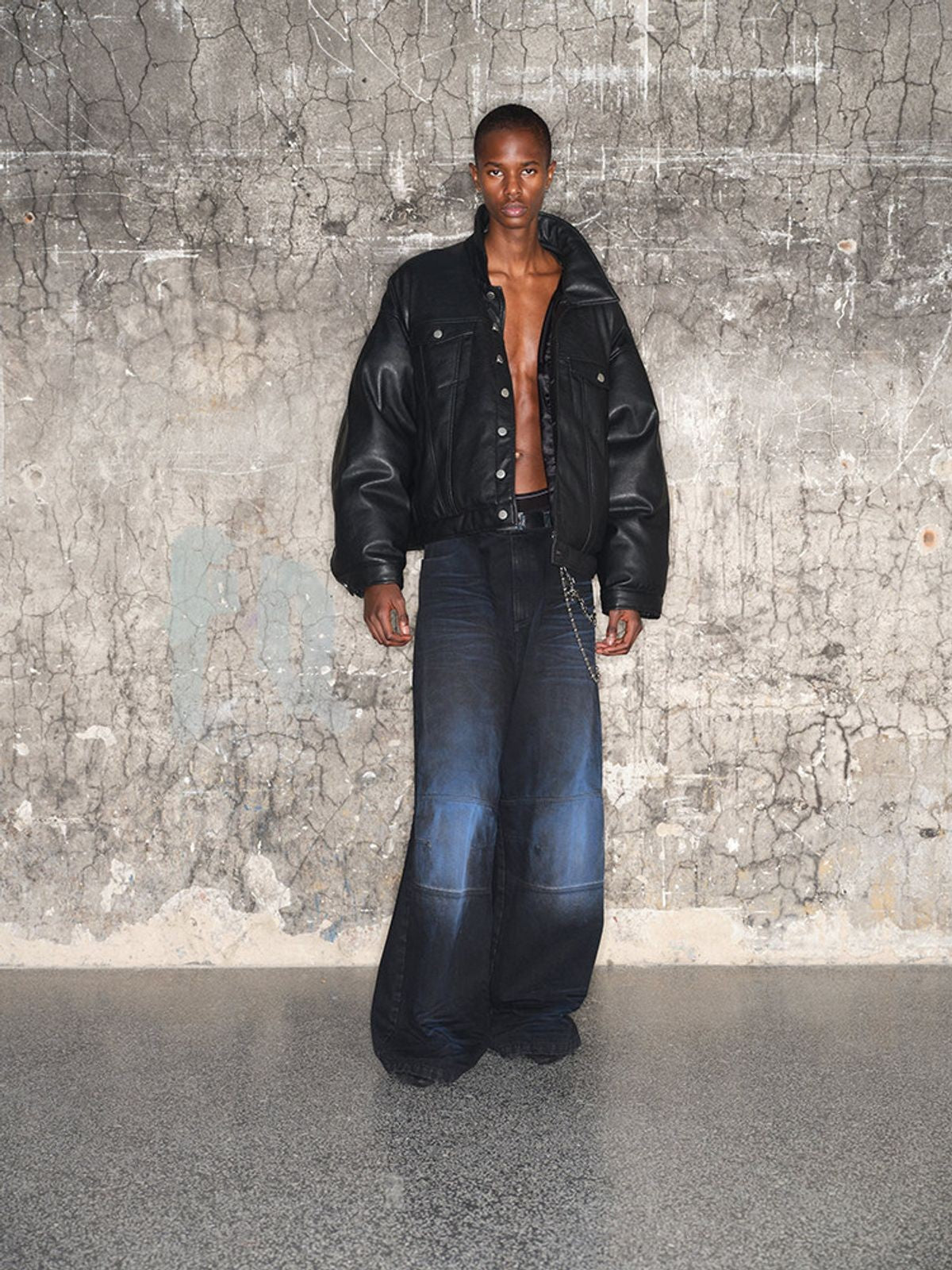 Triangle Project Boxy Faux Leather Padded Jacket in Black - On Model