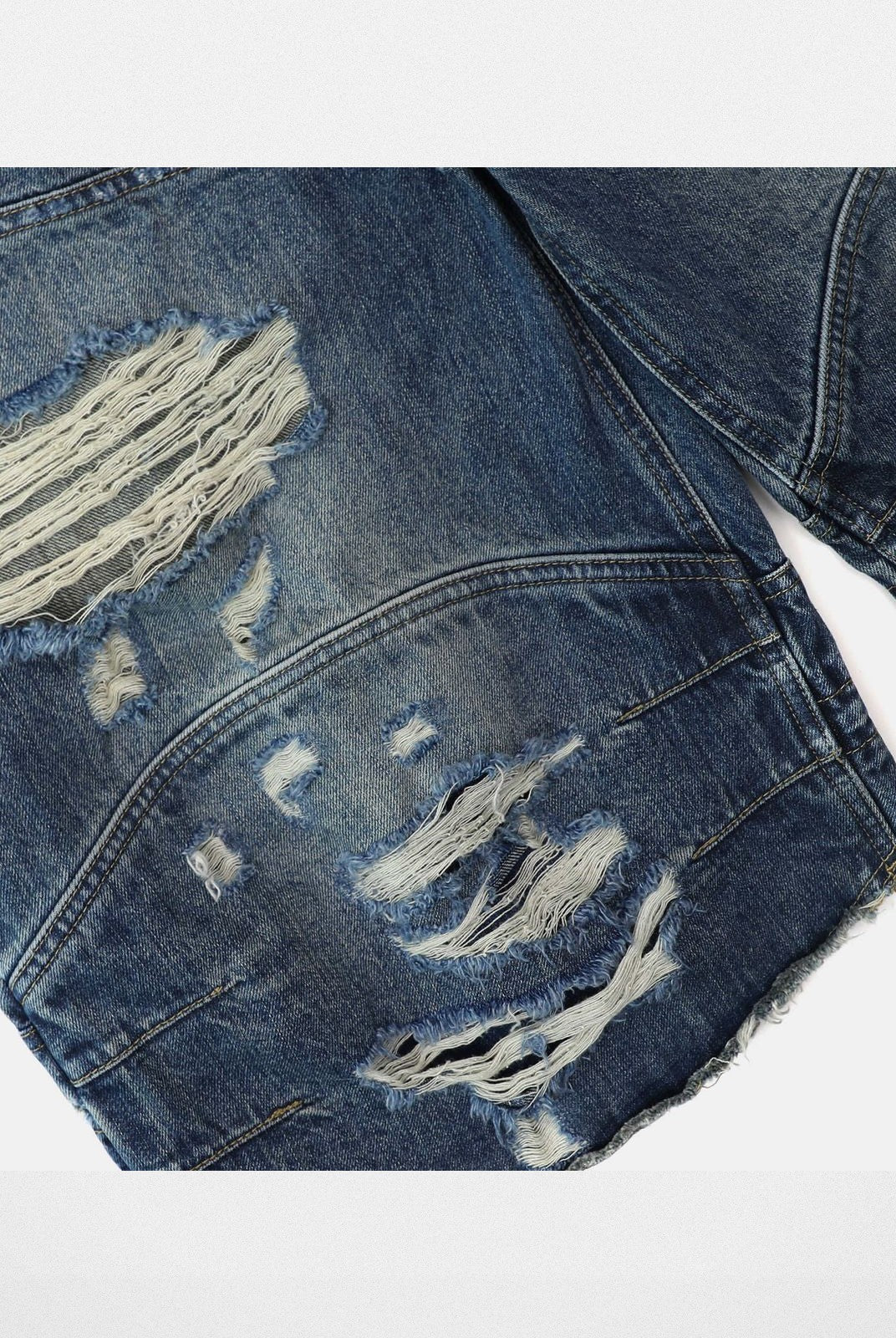BADSEED Distressed Denim Bermuda Shorts in Medium Blue - Detail