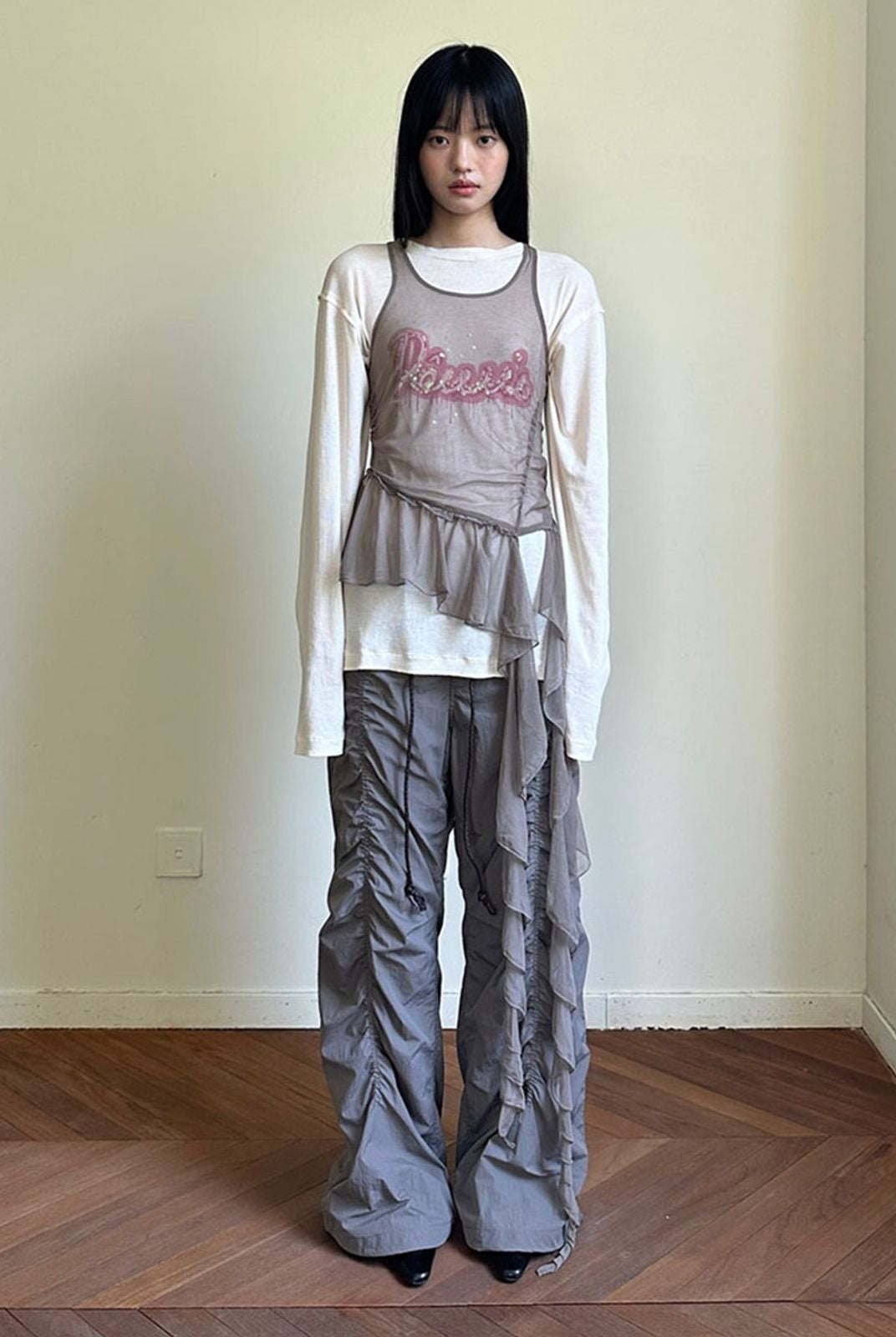 NeverSeez Asymmetric Mesh Streamer Tank in Gray - On Model