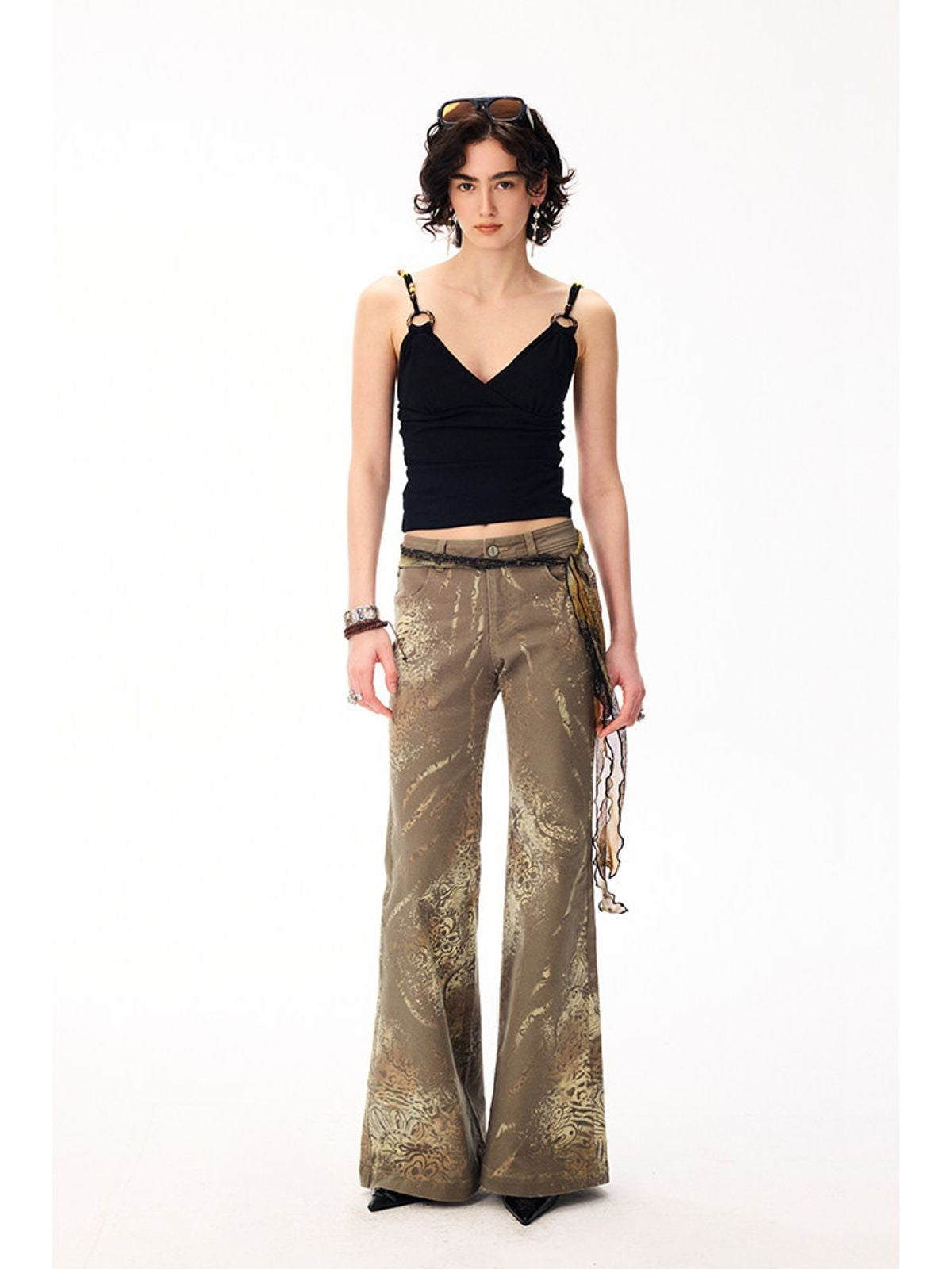 BeerBro Lyocell Paisley Micro Flare Pants in Olive - On Model