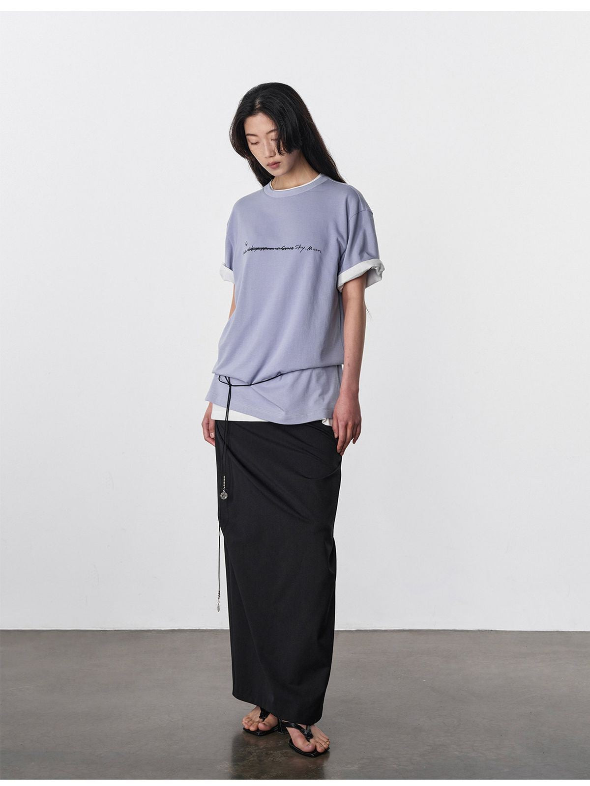 RandomPiece Letter Print Cotton T Shirt in Sky Blue - On Model