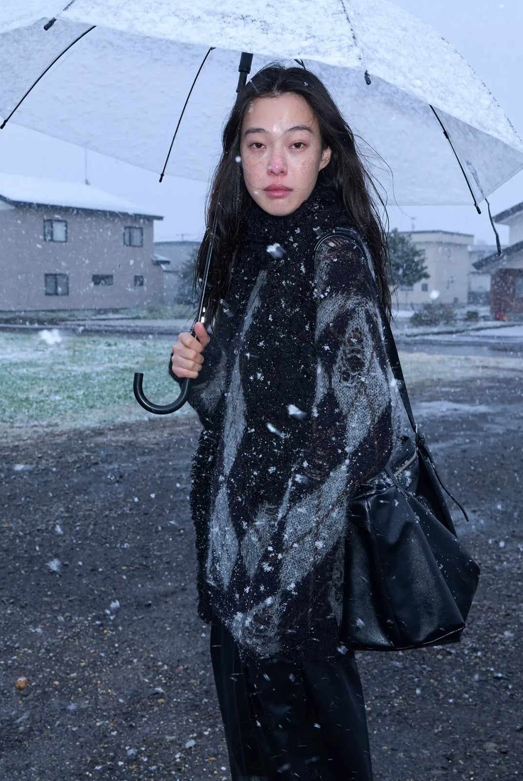 RandomPiece Distressed Argyle Alpaca Blend Sweater in Black - Lifestyle