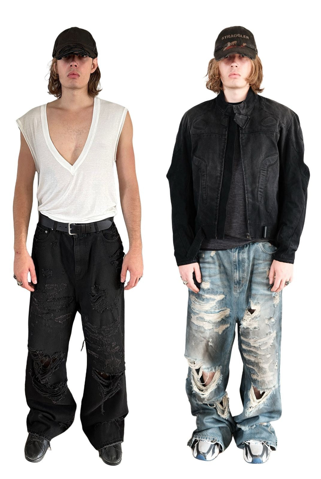 UNKNOWNWORLD Distressed Boro Mud Dyed Jeans in Denim - On Model