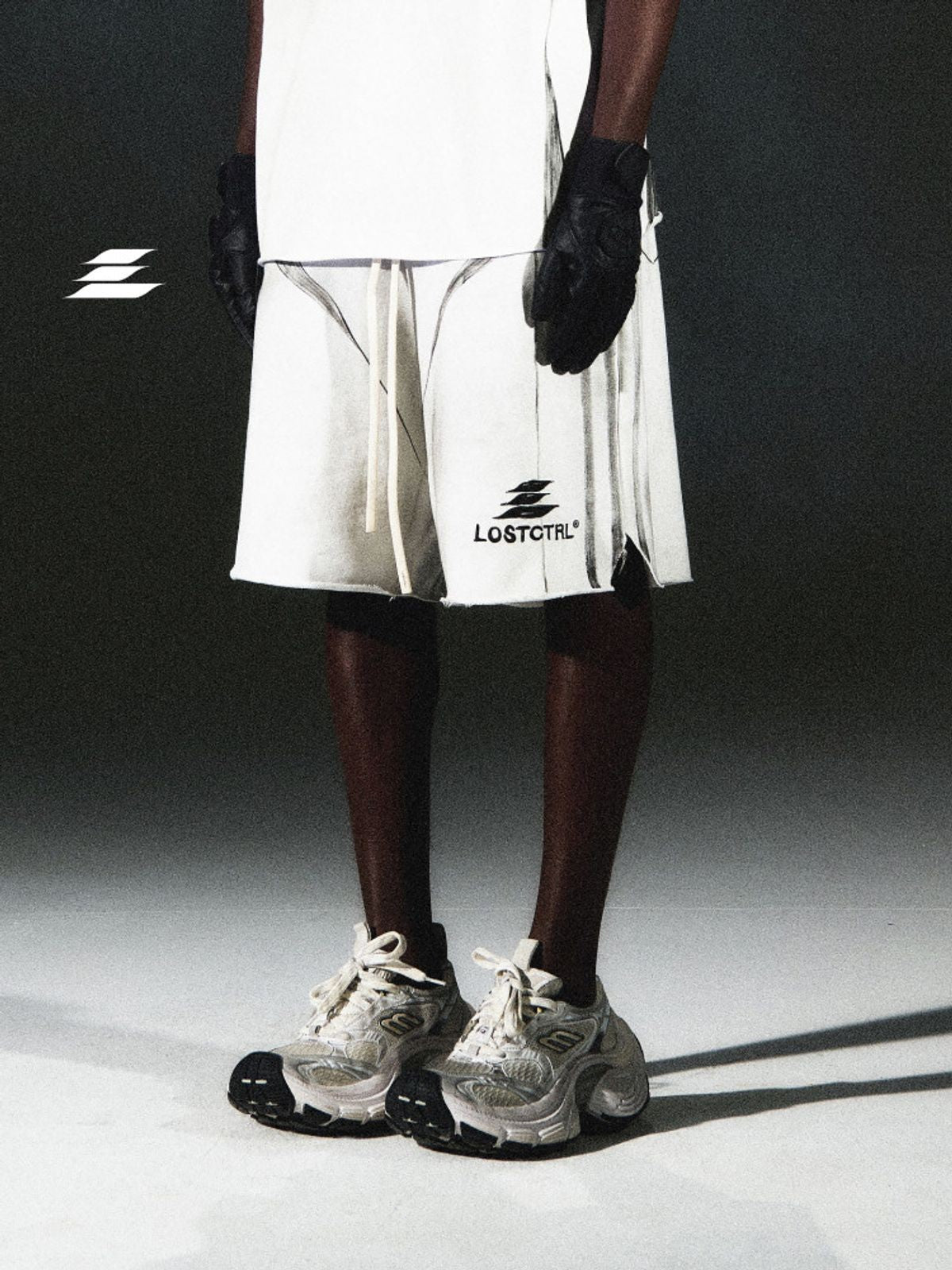 LOSTCTRL Spray Dye Structural Shorts in White - On Model