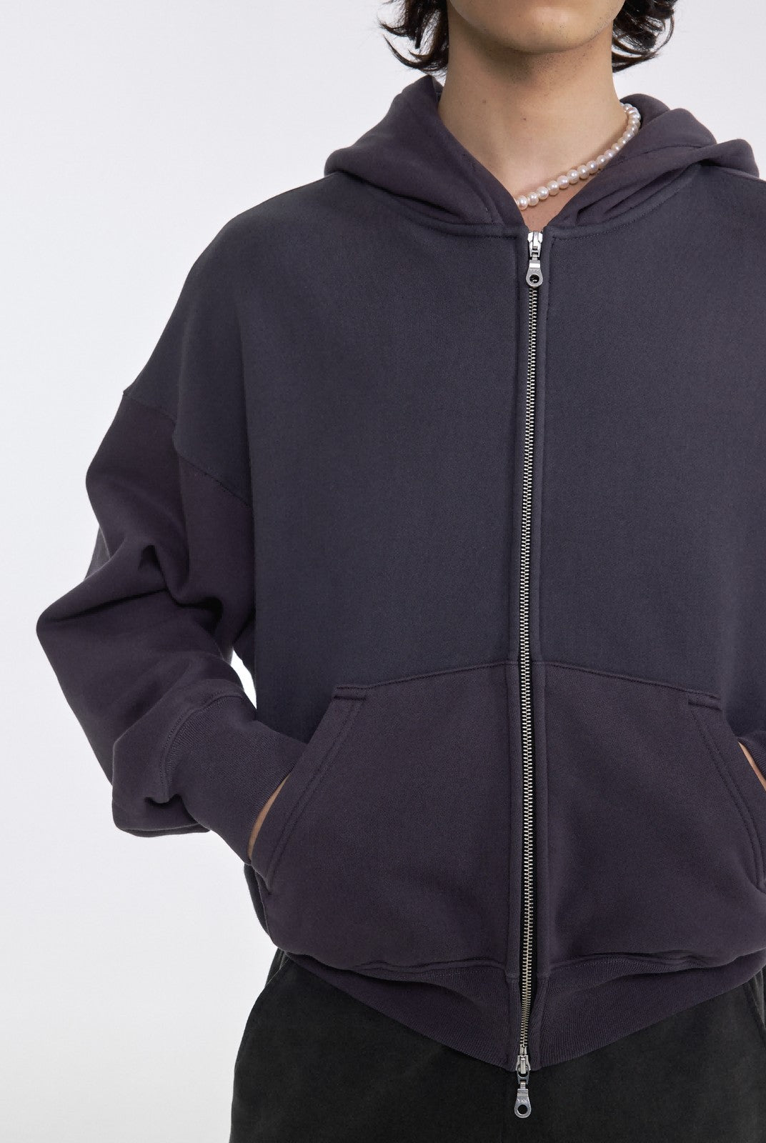 AFterTaste Washed Distressed Zip Up Hoodie in Gray - On Model