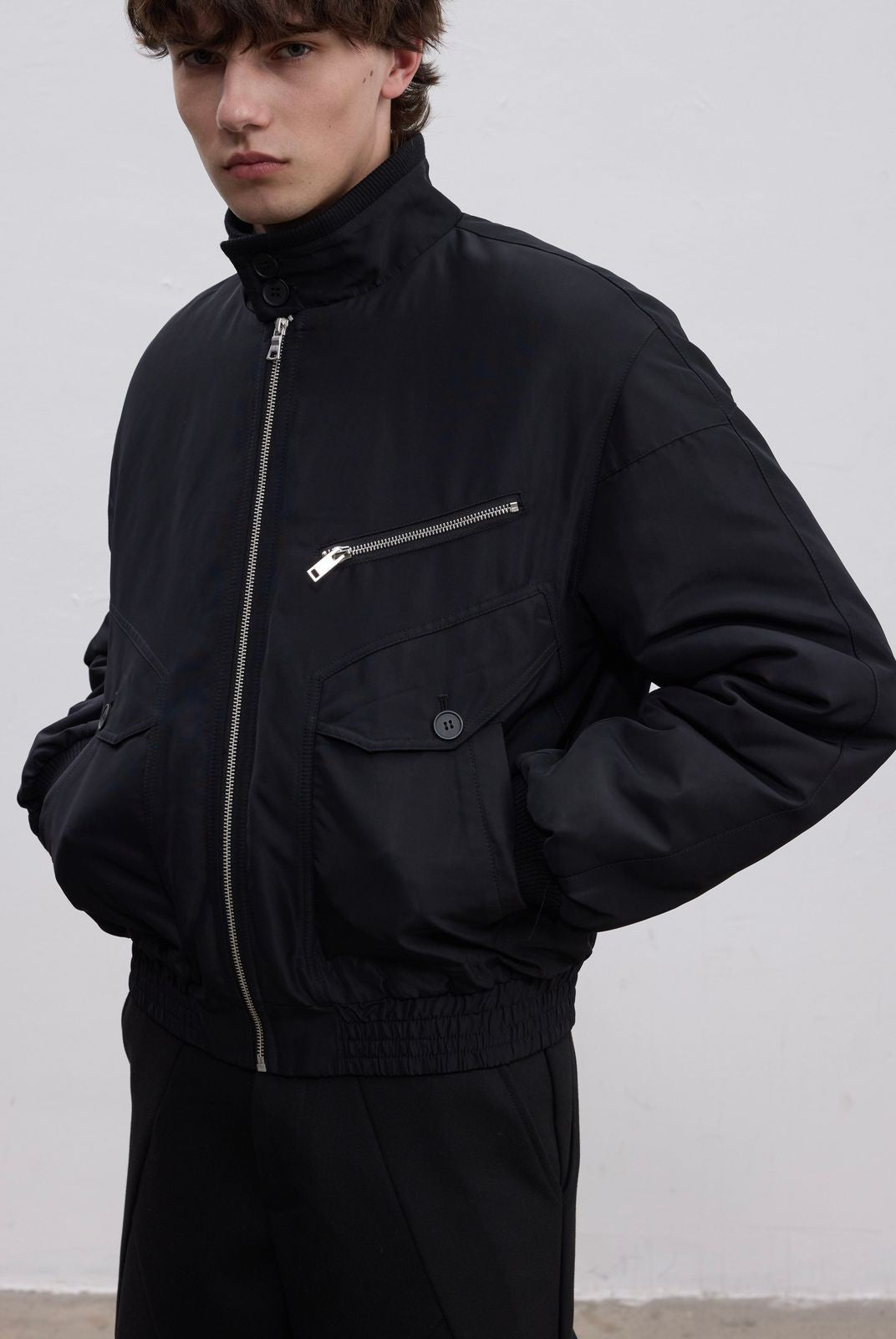 AFterTaste High Density Nylon Harrington Bomber in Black - On Model
