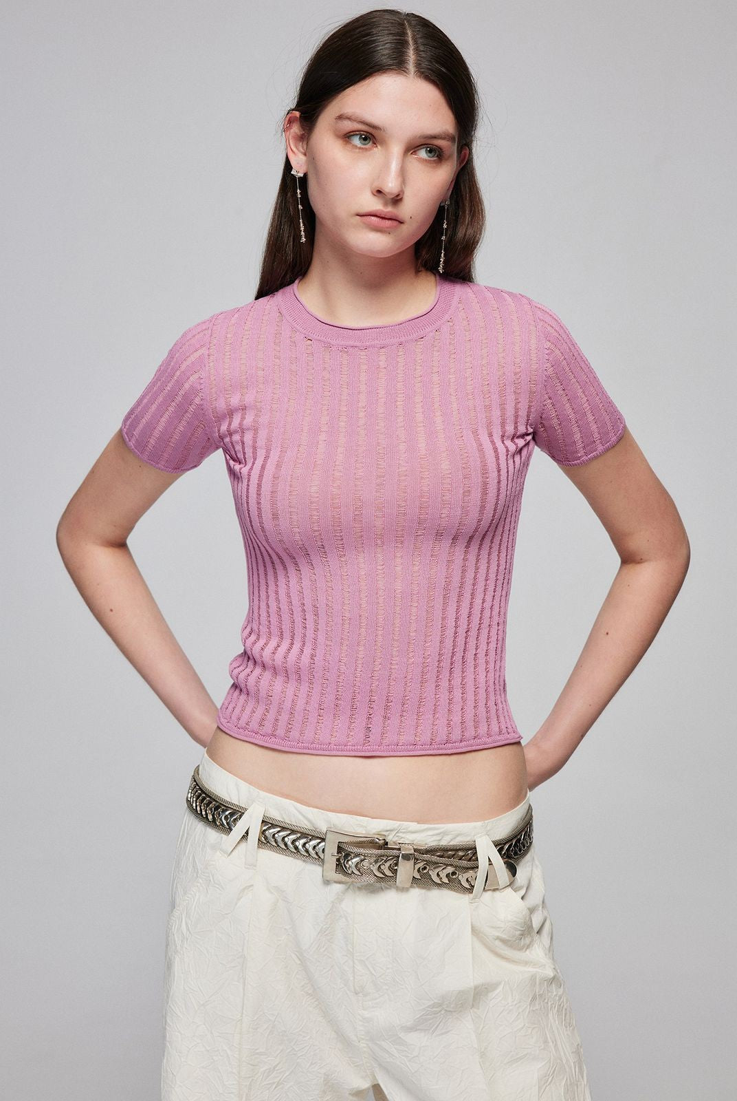 Simple Project Distressed Ribbed Knit Top in Lavender - On Model